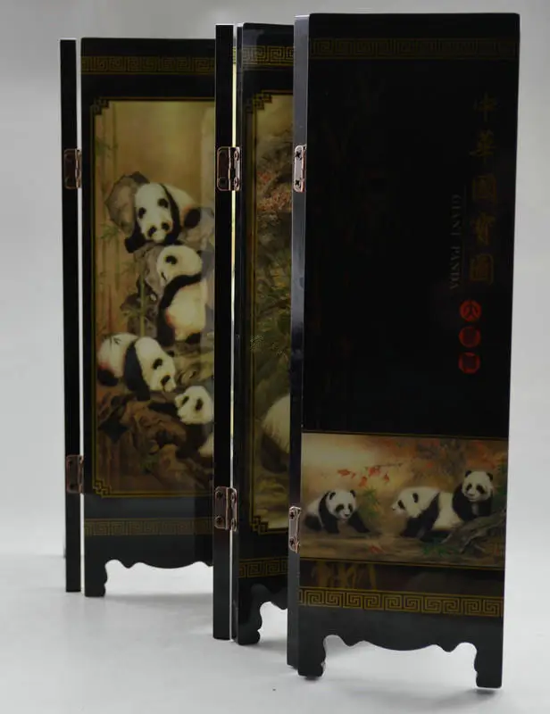 OLLECTIBLE CHINA OLD HANDWORK WOOD PAINTED LOVELY PANDA FOLDING SCREEN