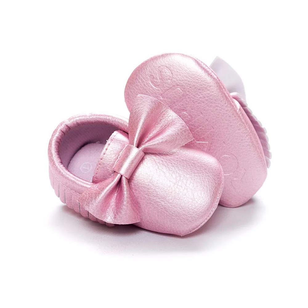 

Hooyi Pink Baby Girl Shoe Bowties Glossy Children Moccasins Newborn Shoes Soft Fringe Infant First Walker Solid PU Leather Knot