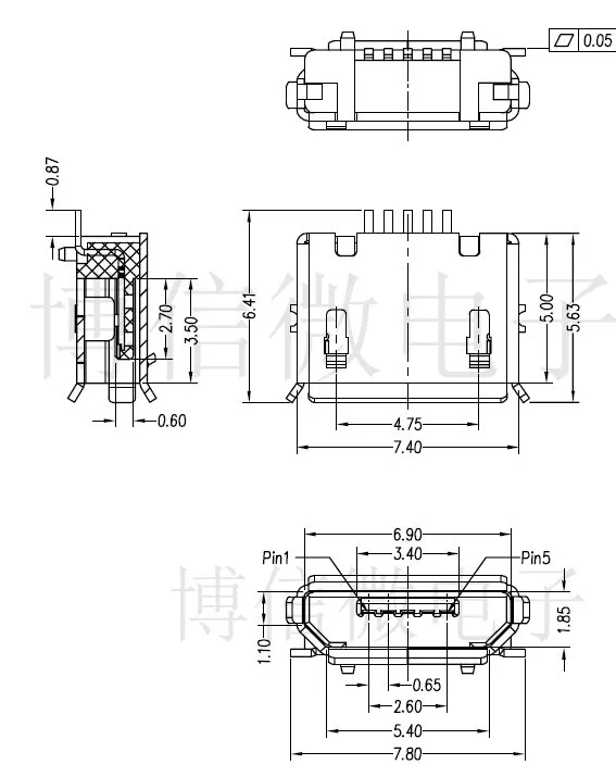 20 piezas-Conector micro USB de 5 pines, puerto de datos de carcasa de cobre, mini conector usb