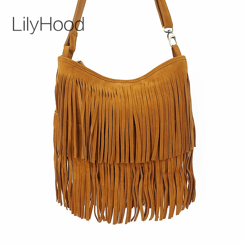 

Women Big Capacity Genuine Leather Suede Fringed Brown Hobo Bag Boho Hippie Gypsy Ibiza Music Side Soft Slouchy Shoulder Bag