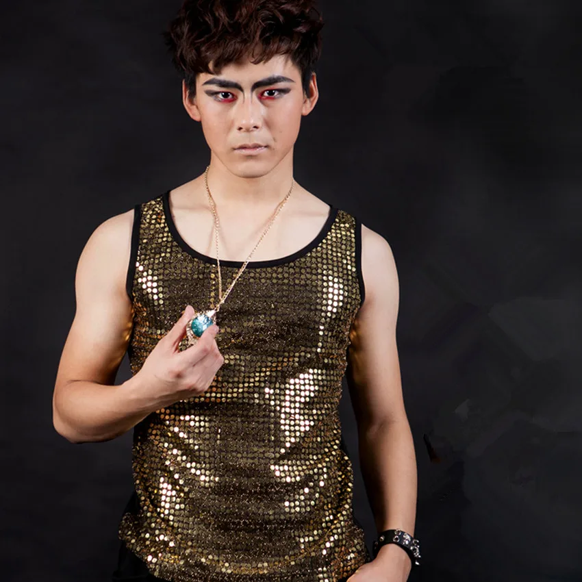 

Fashion Male Singer Stretch Sequined Vest Costumes Party show stage Dance wear Bar nightclub DJ performance equipment costumes