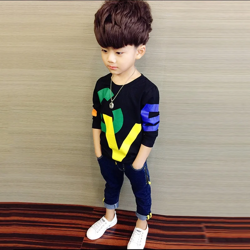 COOTELILI 90-150cm Black T-Shirt Children Tops Letter Kids Clothes Long Sleeve T Shirt Toddler Boys Spring Clothing Costume