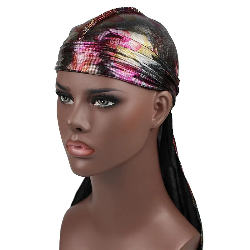 New Attractive Laser Silky Durag Bandanas Hats for Women Men Long Tail Pirate Hat Waves do doo du rag Turban Hair Accessories