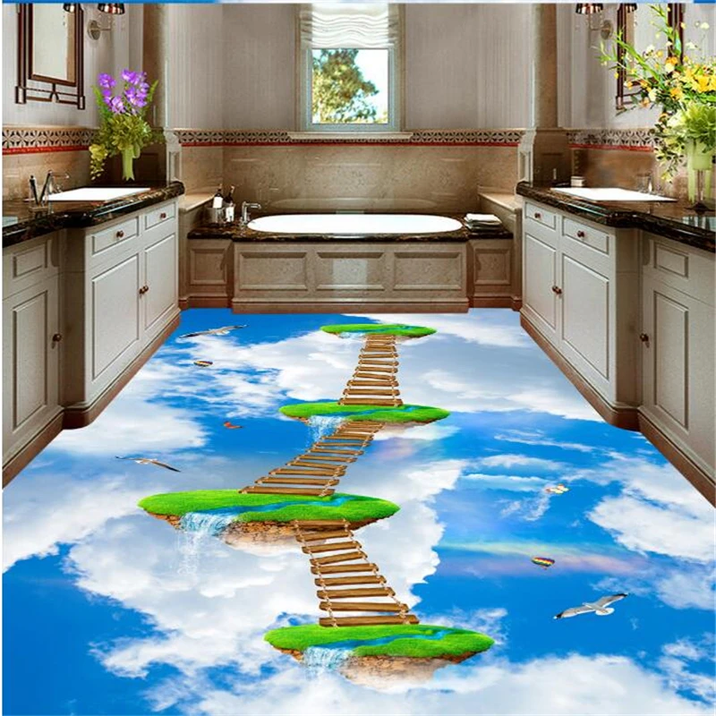 Beibehang Sky suspended on the island of the wooden bridge 3D outdoor painting self-adhesive 3D floor floor decoration wallpaper