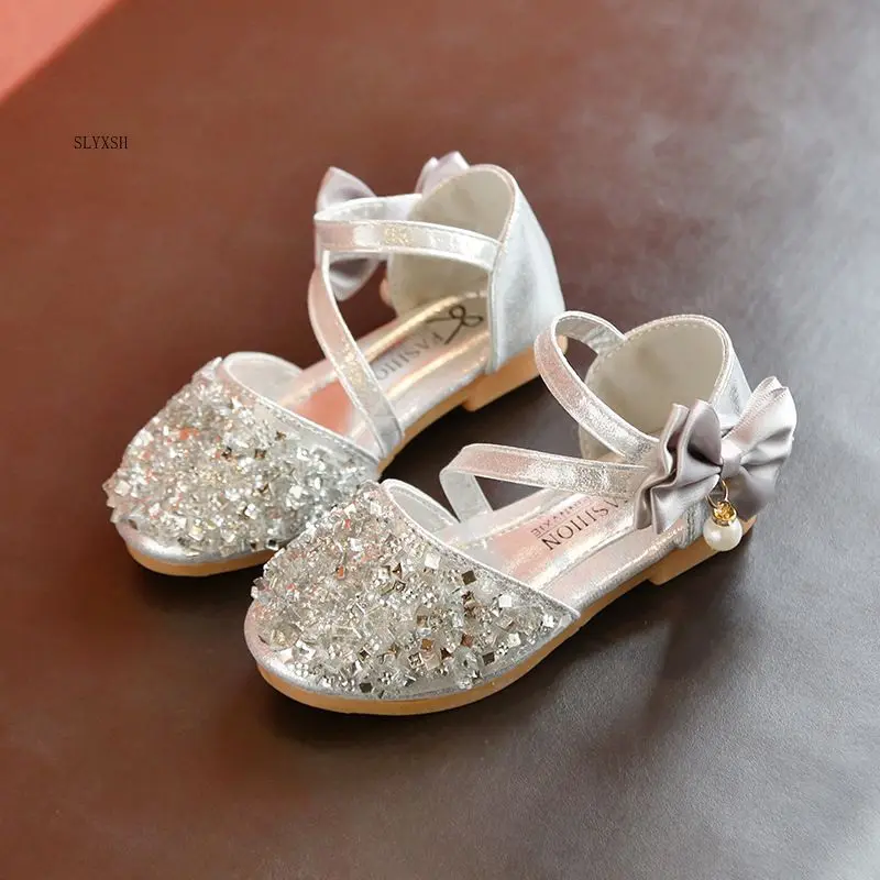 SLYXSH 2019 Children Princess Glitter Sandals Kids Girls Soft Shoes Square Low-heeled Dress Party Shoes Pink /Silver/Gold