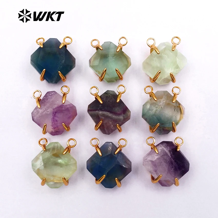 WT-P259 Classic Retro Fluorite Pendants With Prong Setting Brass With 18k Gold Trim Stone In Natural Rainbow Color