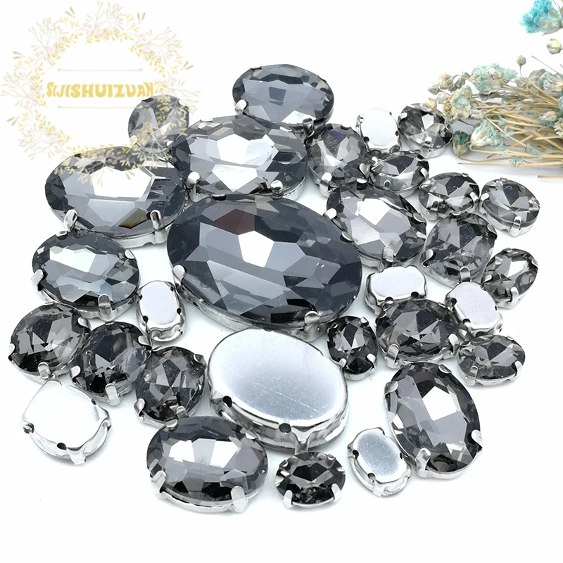 5 SIZES 30PCS Gray oval shape Glass Crystal sew on rhinestones with calw Diy wedding decoration