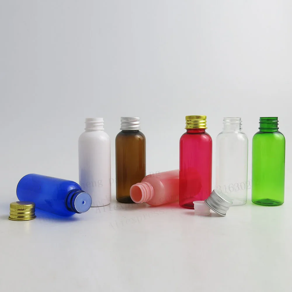 50 x 50ml Empty PET Dispensing Bottle With Aluminum Cap 50cc Cosmetic Cream Containers Amber Blue Green Red Pink White Clear