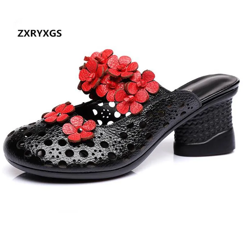 ZXRYXGS 2024 nuovi sandali da donna estivi di grandi dimensioni pantofole in pelle di vacchetta fiore sandali con zeppa scarpe pantofole moda donna