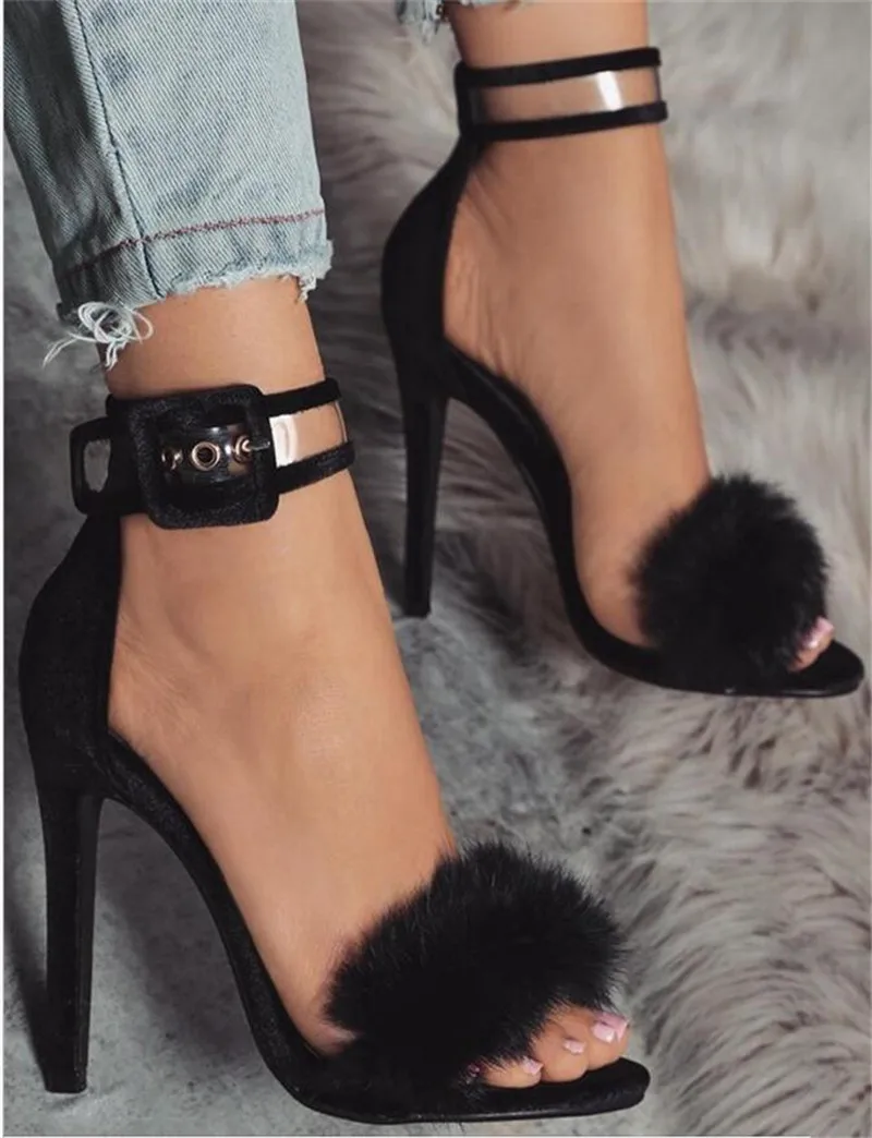 

New Design Women Fashion Black Suede Leather Fur Sandals Ankle Transparent Strap Thin High Heel Sandals Dress Shoes