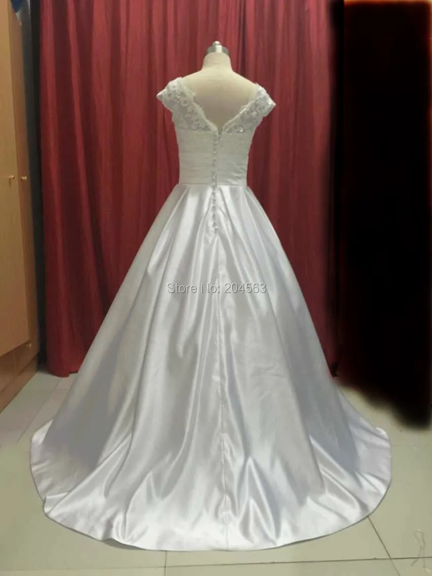 Hot Sale Real Picture In Stock A Line Satin Princess Wedding Dress with Cap Sleeves