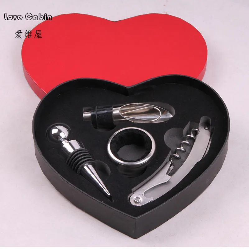 4pcs=1set Wedding Wine Bottle Gift Set Wine Bottle Love Heart Shape Corkscrew Wine Opener Stopper Pourer Set party favor