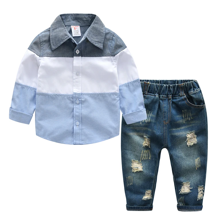

Children Boys Clothing Sets 2021 FALL Casual Plaid Tops shirt +Jeans 2 Pieces Handsome Kids Boys Clothes Outfits