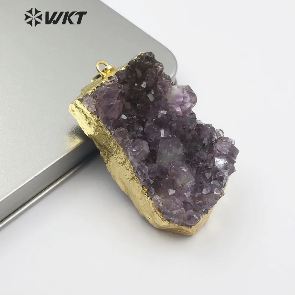 WT-P1438 Natural Uraguay Purple Crystal Pendant Raw Quartz With Gold Bezel Amethysts Charms Jewelry For Women Necklace Making