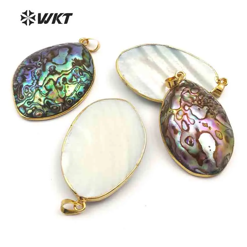 WT-JP076 WKT Popular Wholesale Natural Abalone Shell Pendant Egg Shape With Gold Trim For Women Jewelry Handmade Accessories