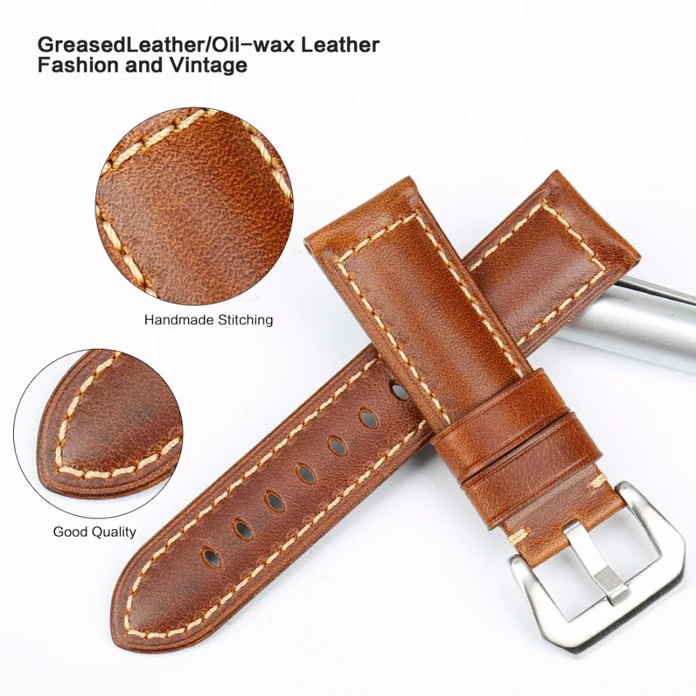 MAIKES High Quality Watchband Brown Vintage Oil Wax Leather Strap Watch Band 20mm 22mm 24mm 26mm Watch Accessories For Panerai