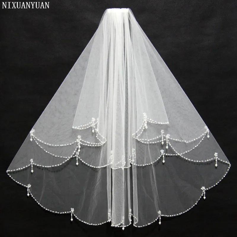 Voile de mariée court en Tulle, deux couches, blanc ivoire, bord perlé, accessoires de mariage, bon marché, nouveau, 2021