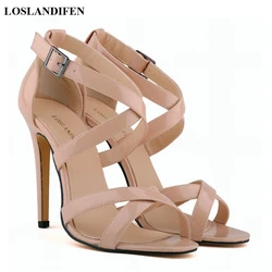 New Summer Women's Concise Solid Patent Leather Rome Sandals Open Toe High Heels Shoes Sexy Cross Buckle Party Sandals for Women