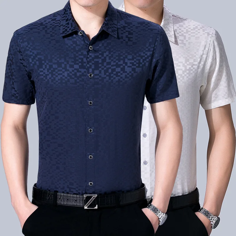 

Summer Men's Silk Shirt Short Sleeved Casual Ironing Jacquard Silk Half Sleeved Men's Shirt Thin Section