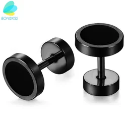 BONISKISS Handmade Round Black Stud Earring Stainless Steel Bar Double Side Barbell Dumbbell Gothic Earring for Women Men