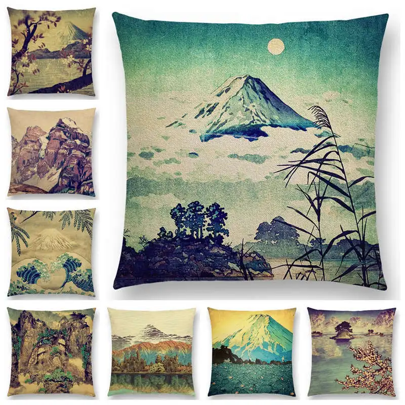 

Sakura Hot Spring Pillow Cover Landscape Painting Cushion Cover Four Seasons Nature Scenery Fuji Mountains Sofa Pillow Case