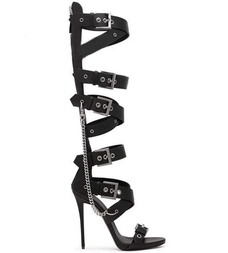 Summer Ladies Chains Pedant Metal Buckle Cross strap Knee Sandals Boots Stiletto High Heels Women Sexy Hollow Out Long Botas