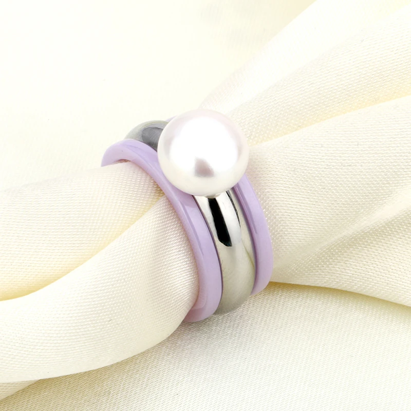 3pcs/Set Big Pearl Women Female Rings 2MM Smooth Width Purple Color Ceramic Rings For Women Anniversary Jewelry Can Be Separated