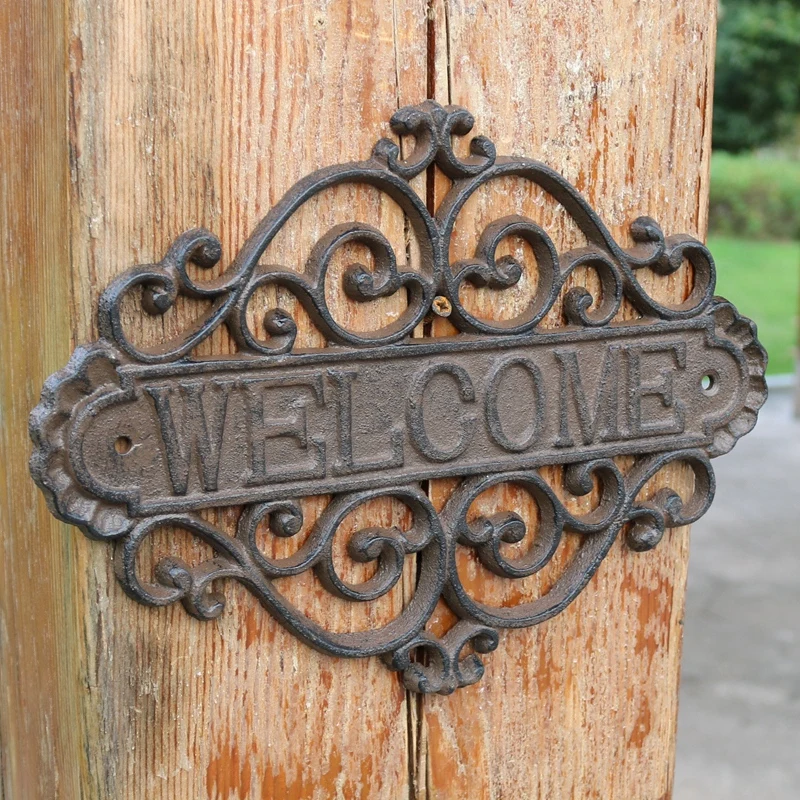 Vintage Hollow Wall Decor Cast Iron Welcome Plaque Signs European Retro Handmade Rustic Home Garden Wall Decor Metal Plate