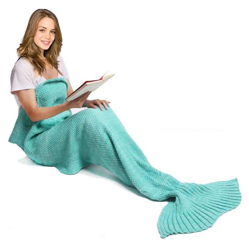 CAMMITEVER Soft Knitted Mermaid Tail Blanket Sleeping Bed Handmade Crochet Anti-Pilling Portable Yarn Blanket Birthday Gift