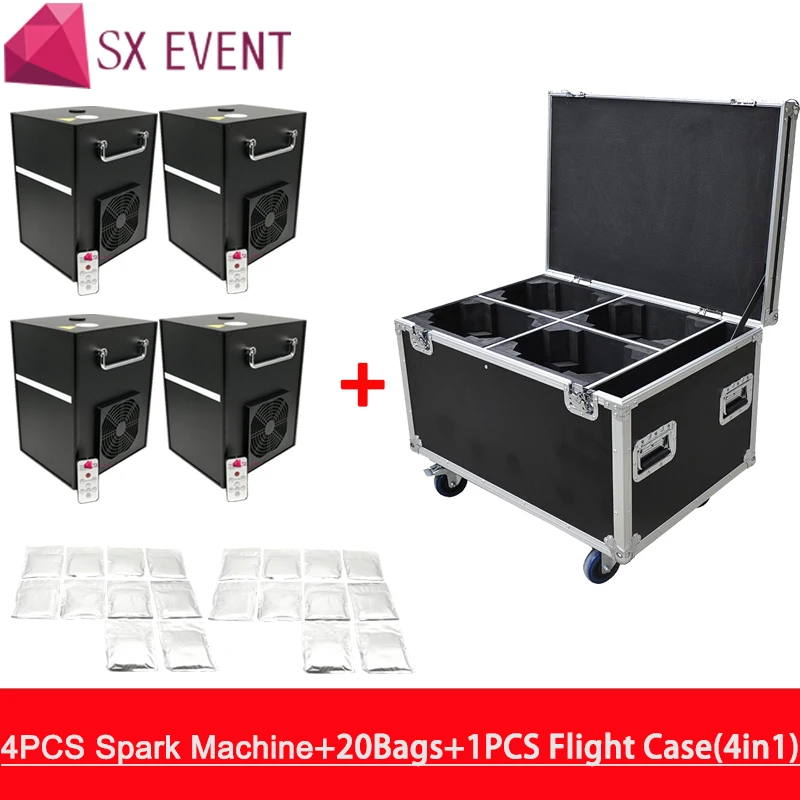 4pcs With Case And 20 Bag Powder400W Cold Spark Fireworks Machine DMX And Remote Control Fountain Sparkular Firework For Wedding