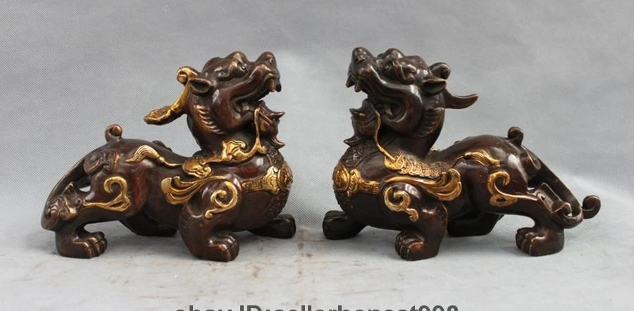 China Bronze Gilt Fengshui Attract Wealth Brave troops Pixiu Unicorn Statue Pair