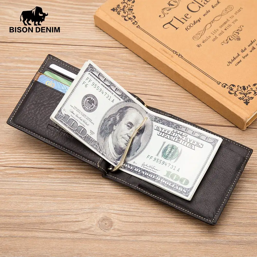 BISON DENIM Cow Leather Wallet Men Money Purse With Zipper Coin Pocket ID Card Genuine Leather Mini Purse For Men W9348