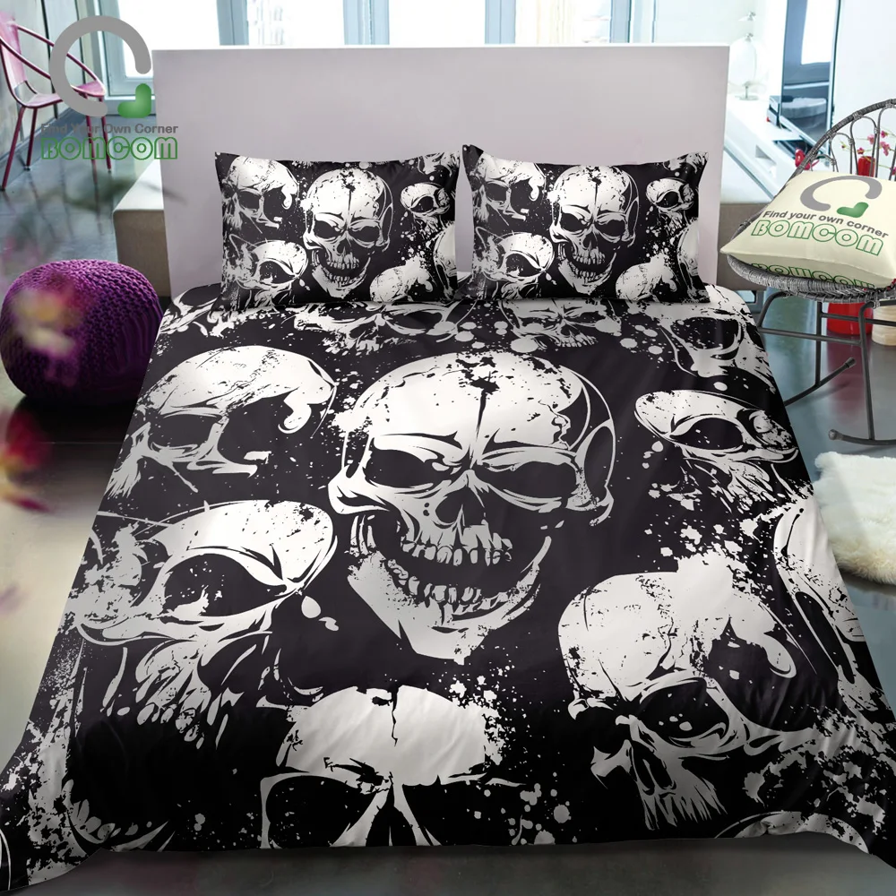 BOMCOM 3D Digital Printing Skull Bedding Horror Skulls Grunge Pattern with Skulls Duvet Cover S 100% Microfiber Black & White