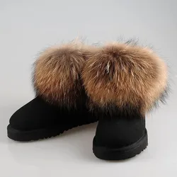 2022 Free Shipping! Brand Natural Furcowhideand 100% Fox Wool  Winter Warm Cowhide Snow Boots Real Leather Women Shoes