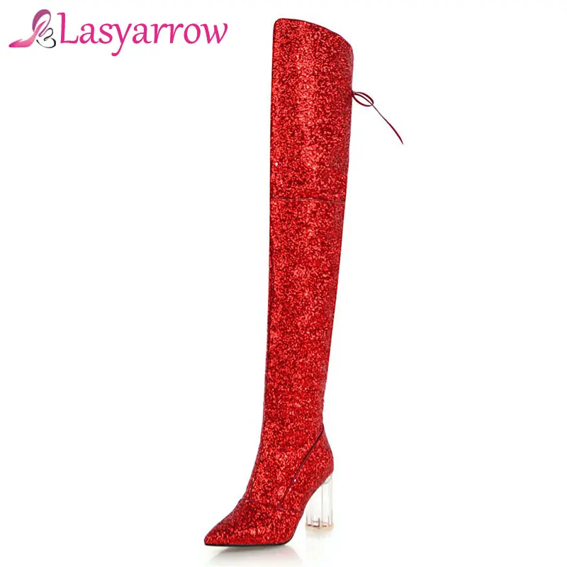 

Lasyarrow Brand Shoes Woman Sexy Lace Up Over the Knee High Boots High Heel Pointed Thigh High Boots Gold Silver Bling Long Boot