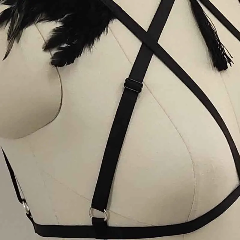 Feather Tassel Pendant Body Harness Set Sexy Lingerie Pastel Goth Rave Harness Woman Bra and Wedding  Garter Belt