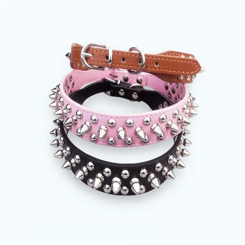 New Spiked Small Dog Collar Genuine Leather Adjustable Pet Neck Strap Rivet Studded Chain Belt For Medium Dog(Yorkshire&Bulldog)