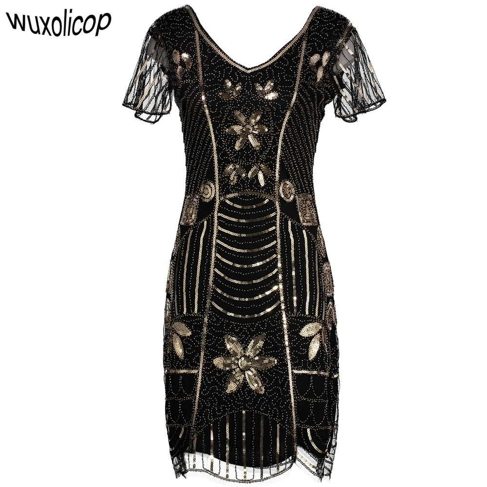 

Vintage 1920s Art Deco Beaded Sequin Embellished Flapper Dress V Neck Butterfly Sleeve Tunic Bodycon Gatsby Party Dress Vestido