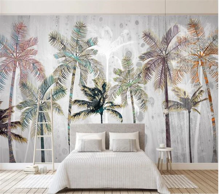 wellyu  Custom wallpaper papel de parede Light luxury Nordic tropical plant hand-painted coconut tree landscape TV background