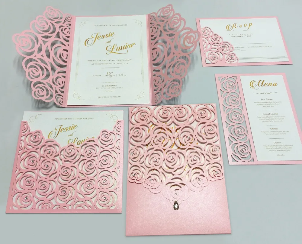 

Pink Rose Wedding Invitations Romantic Invitation Cards Gold Printing Wedding Invite Cards - Set of 50 pcs