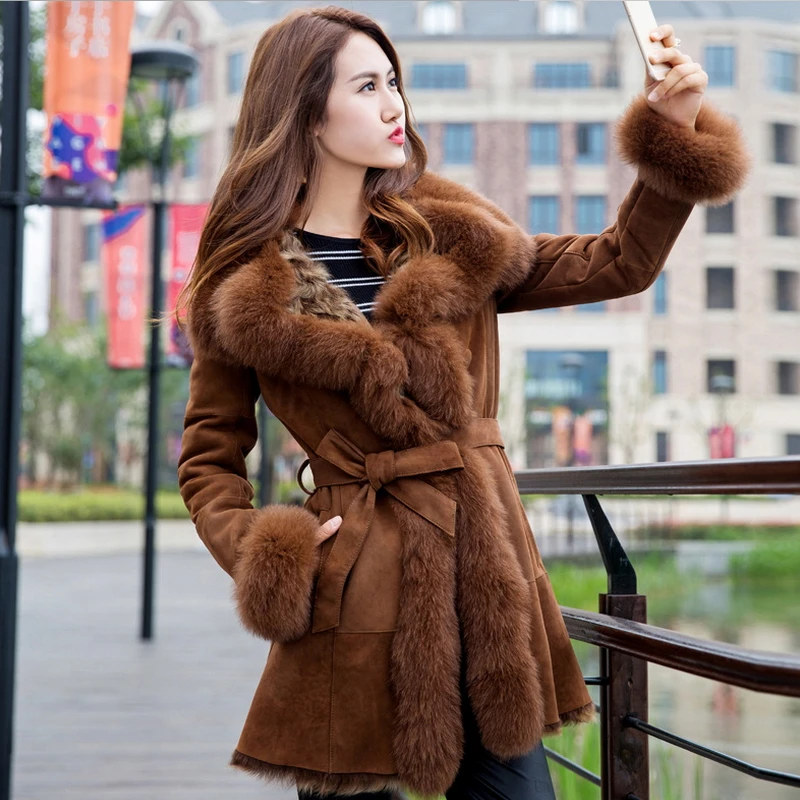 2021 Winter Ladies' Genuine Natural double face Fur Coat Jacket with fox Fur collar Women long Fur Outerwear Coats Jacket