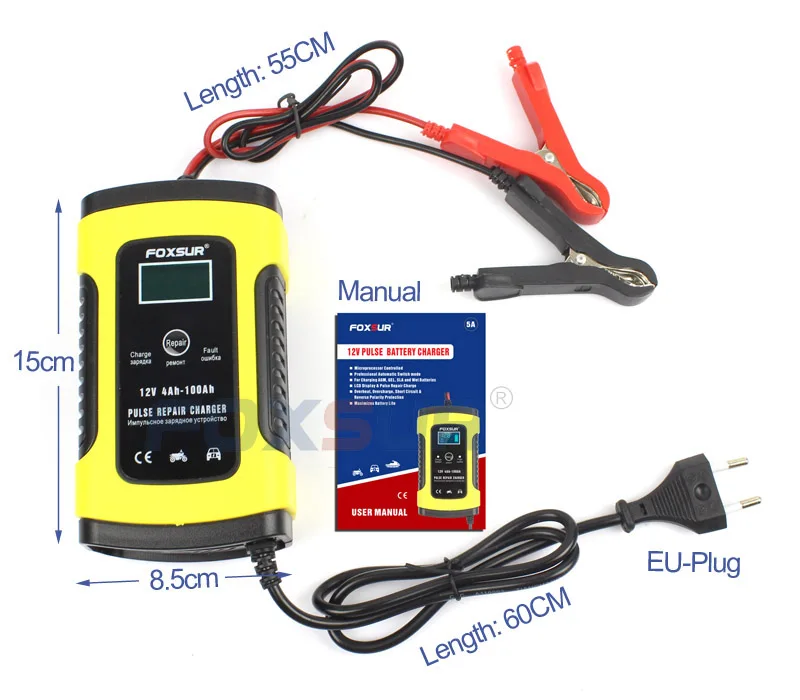 FOXSUR 12V 5A Pulse Battery Charger LCD Display, Motorcycle & Car Battery Charger, 12V AGM GEL WET Lead Acid Battery Charger