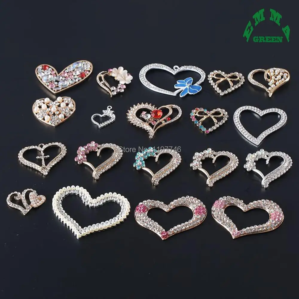 Large Love Hearts Various Crystal Flower Heart 10pcs Flat Back Metal Rhinestone Embellishment Button for Christmas Decoration