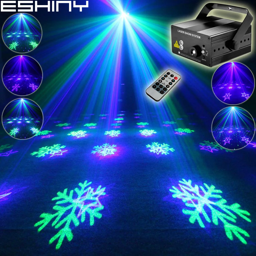 ESHINY Remote Mini Green Blue Laser 6 Snowflake Patterns Projector Led Bar DJ Dance Holiday Disco Family Party Light T199D4