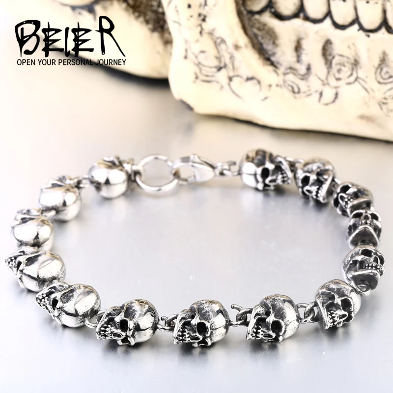 Beier 316L Punk Skull Stainless Steel Bracelet For Man High Quality Fashion Skeleton Jewelry US EURO Hot Gift BC8-005
