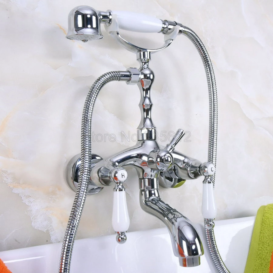 

Polished Chrome Clawfoot Bathtub Faucet Set with Handheld Shower Dual Handles Mixer Taps Wall Mounted tna220