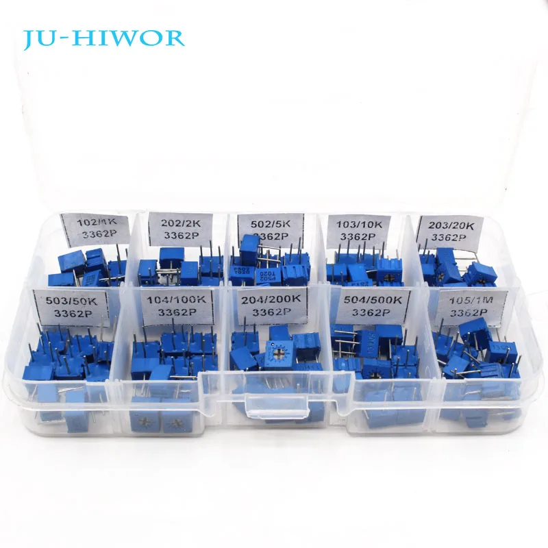 

100pcs 3362P Multiturn Trimming Potentiometers Kit Potentiometer Pack High Precision 3362 Variable Resistor With Box 10 Values