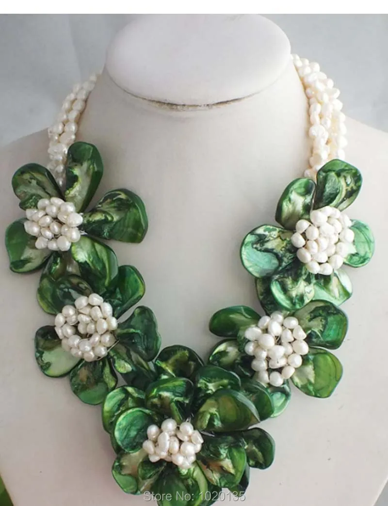 3rows white freshwater pearl baroque  and green  shell flower necklace 18inch  FPPJ