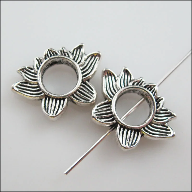 15Pcs Tibetan Silver Color Lotus Flower Spacer Beads Frame Charms 13.5x19mm