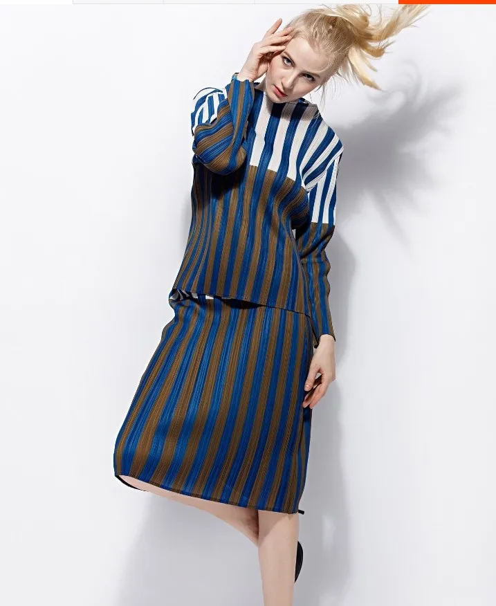 HOT SELLING Miyake  fold fashion led  word long sleeve slash neck T-shirts + striped  two-piece skirts  IN STOCK